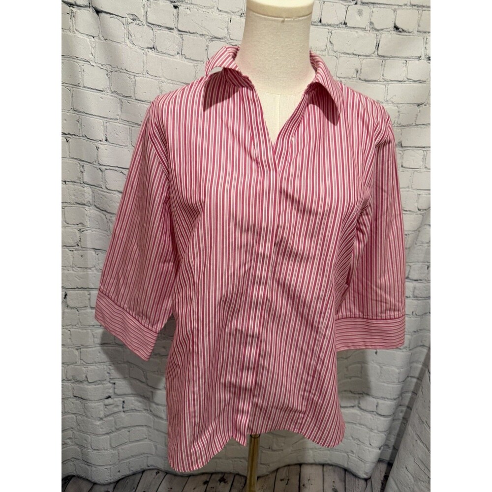 Chico's Shirt Women's Button-Down Pink & White Stripe No Iron Size 2 Large